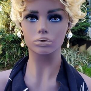 Vintage Large Faux pearl black enameled earrings